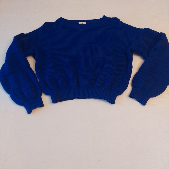 Debut Cobalt Blue Cropped Ribbed Knit Balloon Sleeve Sweater Boxy Fit Size M - Picture 6 of 12